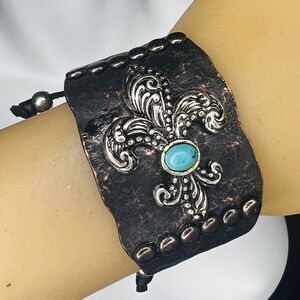 Rustic Artisan Fleur de Lis Bracelet Mixed Metals Turquoise Bolo Adjustable 4199